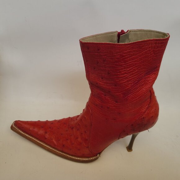 Vtg Goss Red Leather Ostrich Boots 6 Stiletto Pointed Toe Western Witchy Cowboy - Picture 8 of 16